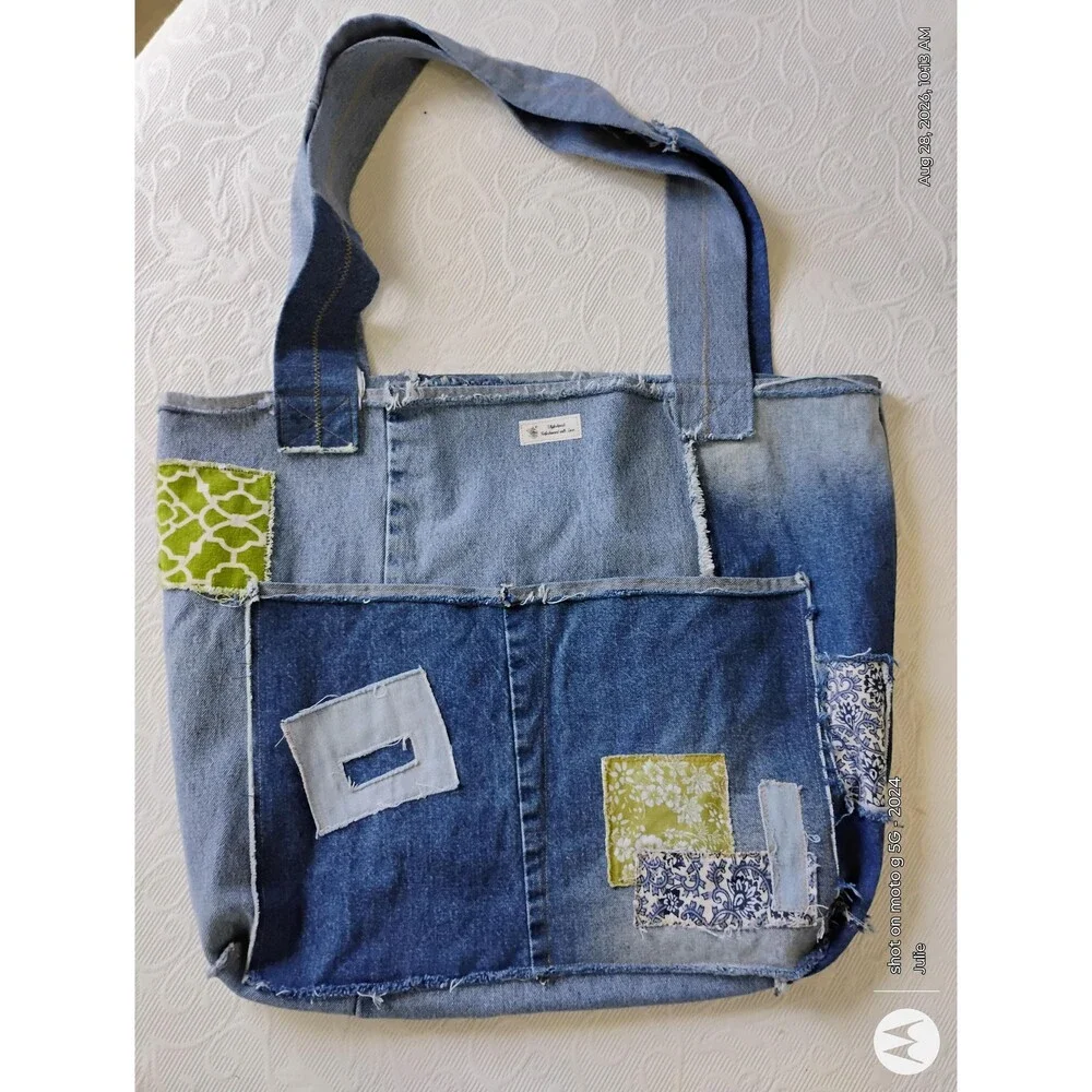 Denim Oversized Tote Bag Patchwork Applique Shoulder Bag Reclaimed Boho Artisana